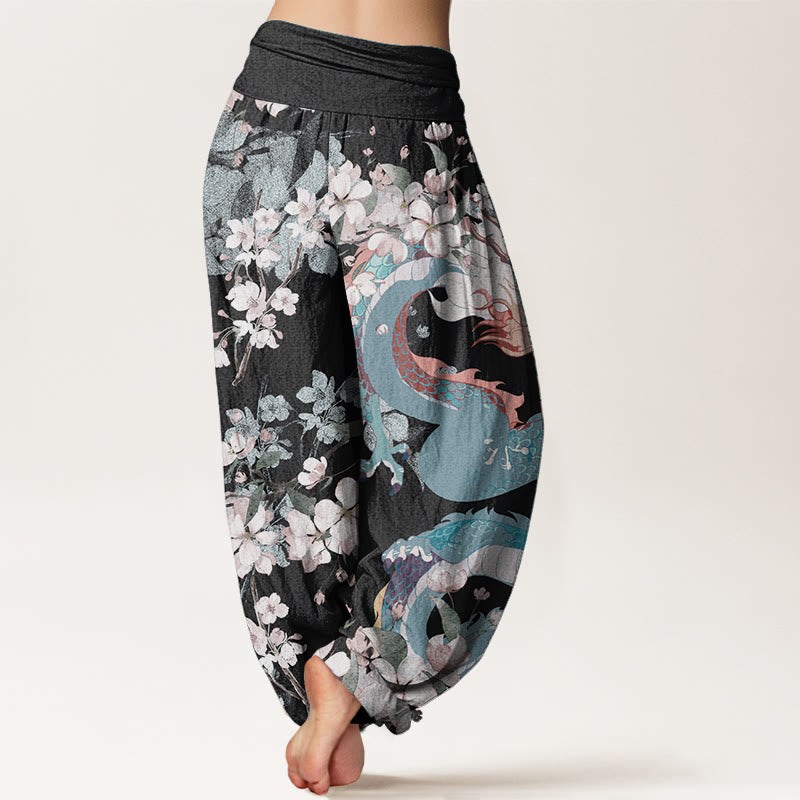 Pantalones Buddha Stones de algodón puro con estampado de flores de cerezo y dragón para mujer, cintura elástica