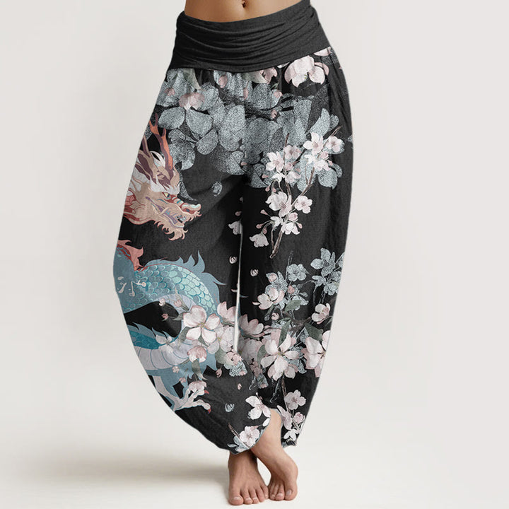 Pantalones Buddha Stones de algodón puro con estampado de flores de cerezo y dragón para mujer, cintura elástica