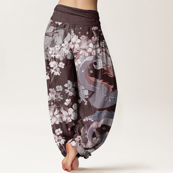 Pantalones Buddha Stones de algodón puro con estampado de flores de cerezo y dragón para mujer, cintura elástica