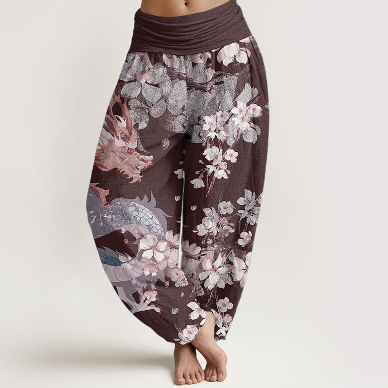 Pantalones Buddha Stones de algodón puro con estampado de flores de cerezo y dragón para mujer, cintura elástica