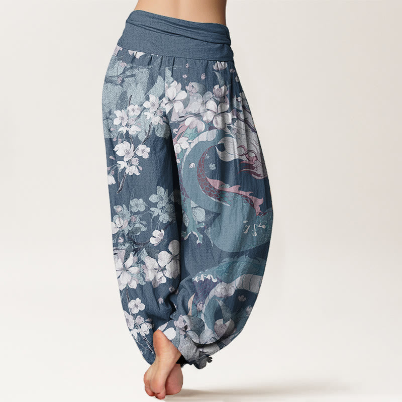 Pantalones Buddha Stones de algodón puro con estampado de flores de cerezo y dragón para mujer, cintura elástica