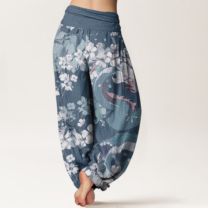 Pantalones Buddha Stones de algodón puro con estampado de flores de cerezo y dragón para mujer, cintura elástica