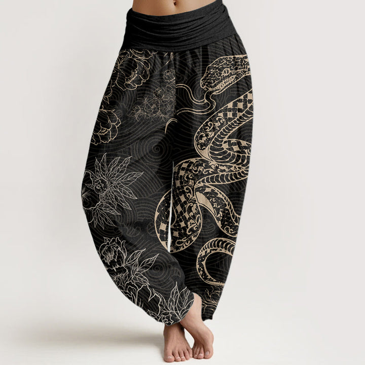 Pantalones harén de cintura elástica para mujer con diseño de serpiente y loto de algodón puro Buddha Stones