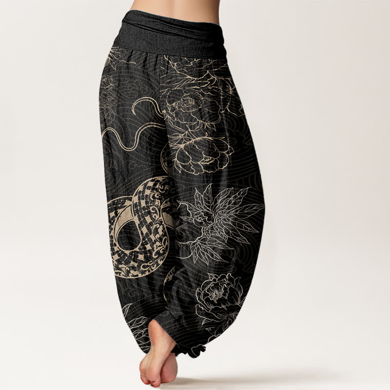 Pantalones harén de cintura elástica para mujer con diseño de serpiente y loto de algodón puro Buddha Stones