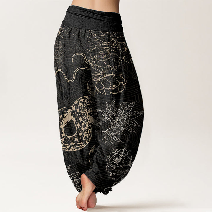 Pantalones harén de cintura elástica para mujer con diseño de serpiente y loto de algodón puro Buddha Stones