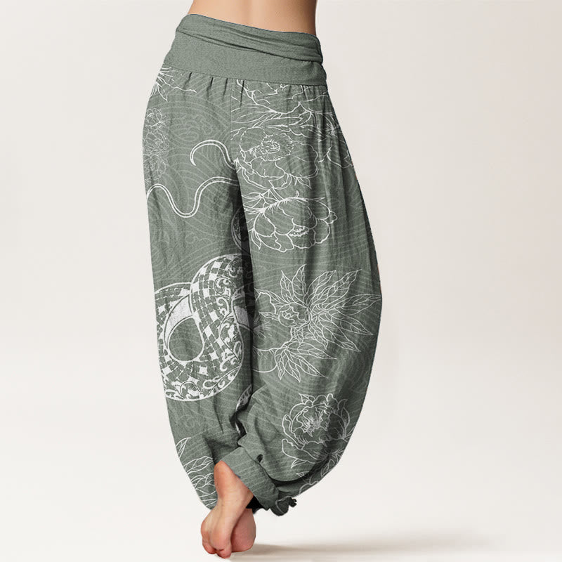 Pantalones harén de cintura elástica para mujer con diseño de serpiente y loto de algodón puro Buddha Stones