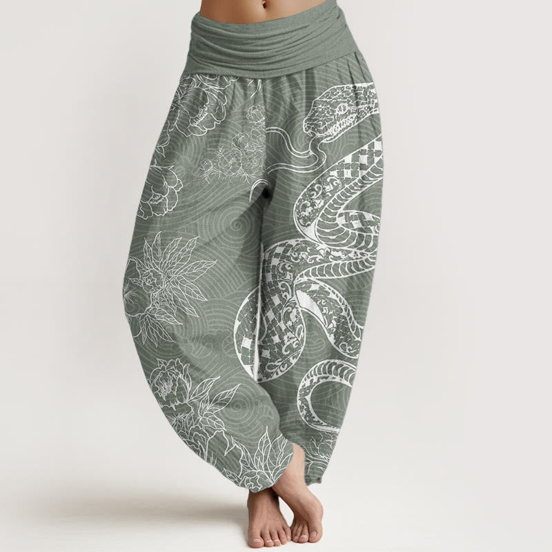 Pantalones harén de cintura elástica para mujer con diseño de serpiente y loto de algodón puro Buddha Stones
