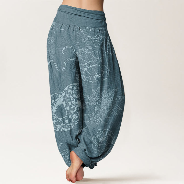 Pantalones harén de cintura elástica para mujer con diseño de serpiente y loto de algodón puro Buddha Stones