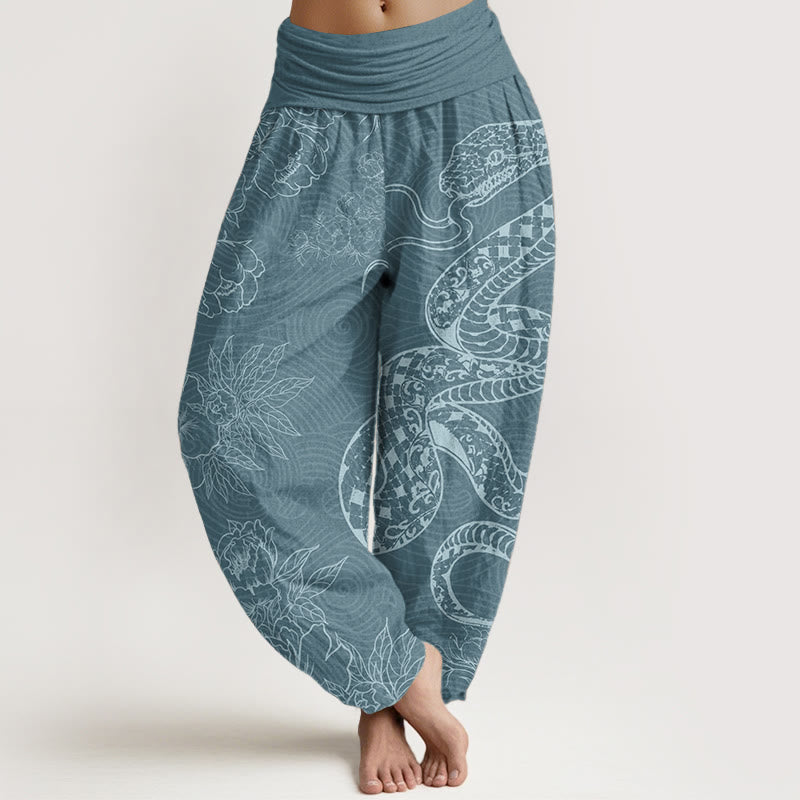 Pantalones harén de cintura elástica para mujer con diseño de serpiente y loto de algodón puro Buddha Stones