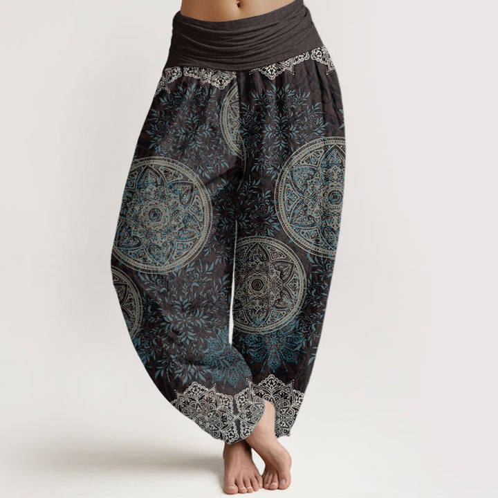 Pantalones harén de algodón puro con estampado de mandalas y Buddha Stones para mujer, cintura elástica