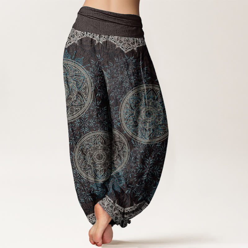 Pantalones harén de algodón puro con estampado de mandalas y Buddha Stones para mujer, cintura elástica
