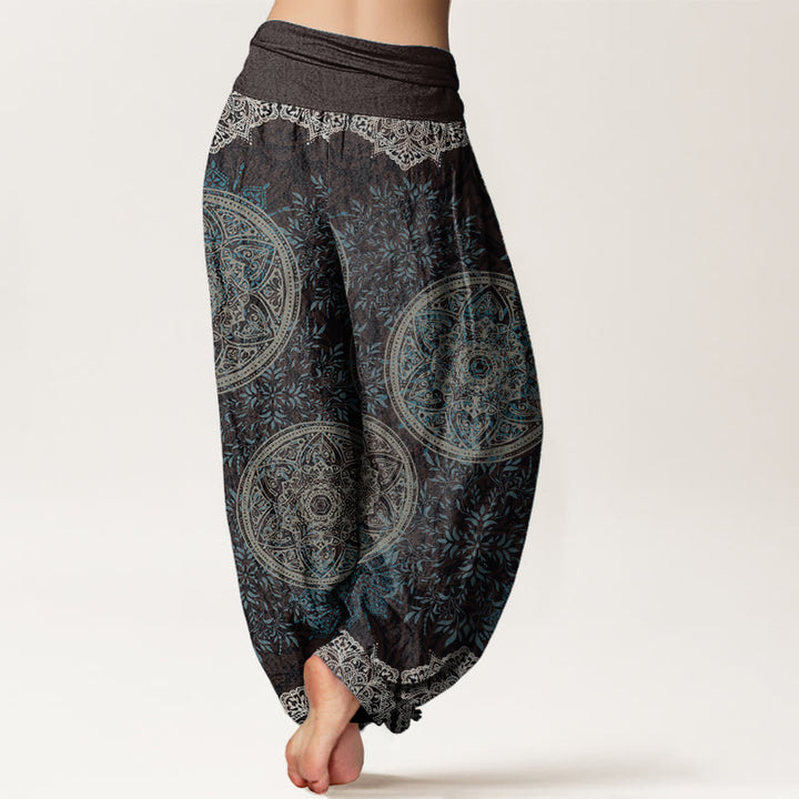Pantalones harén de algodón puro con estampado de mandalas y Buddha Stones para mujer, cintura elástica