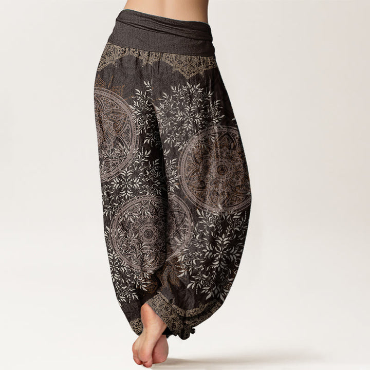Pantalones harén de algodón puro con estampado de mandalas y Buddha Stones para mujer, cintura elástica