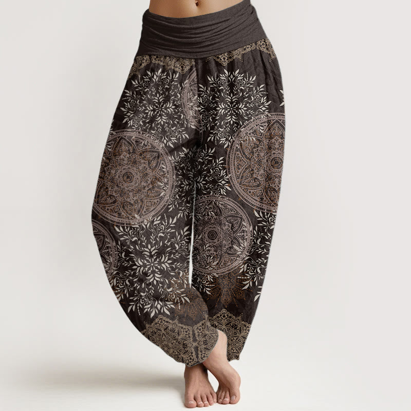 Pantalones harén de algodón puro con estampado de mandalas y Buddha Stones para mujer, cintura elástica