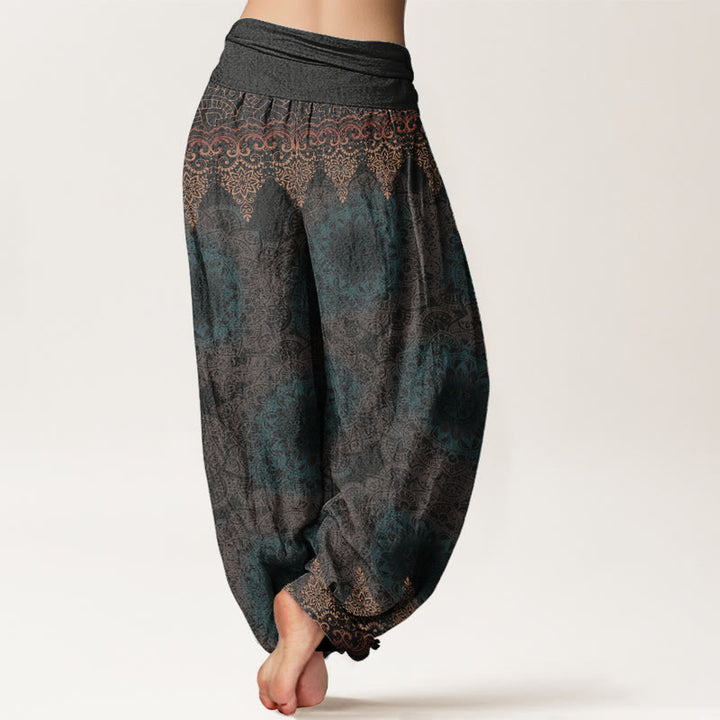 Pantalones Buddha Stones de algodón puro con estampado de mandalas triangulares para mujer, cintura elástica
