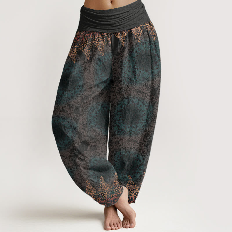 Pantalones Buddha Stones de algodón puro con estampado de mandalas triangulares para mujer, cintura elástica