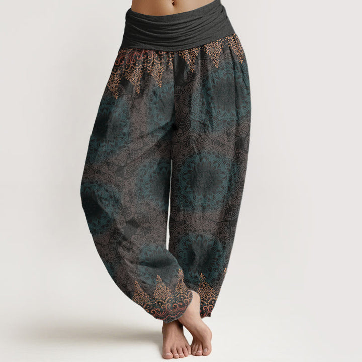 Pantalones Buddha Stones de algodón puro con estampado de mandalas triangulares para mujer, cintura elástica