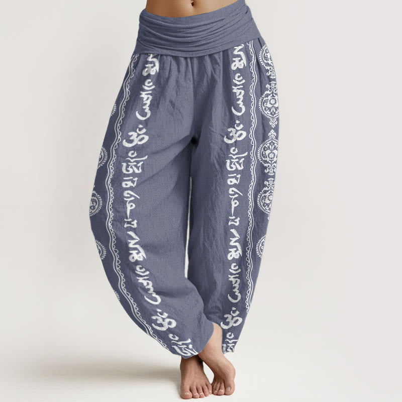 Pantalones harén de algodón puro con diseño de mandala Om Mani Padme Hum y Buddha Stones para mujer con cintura elástica
