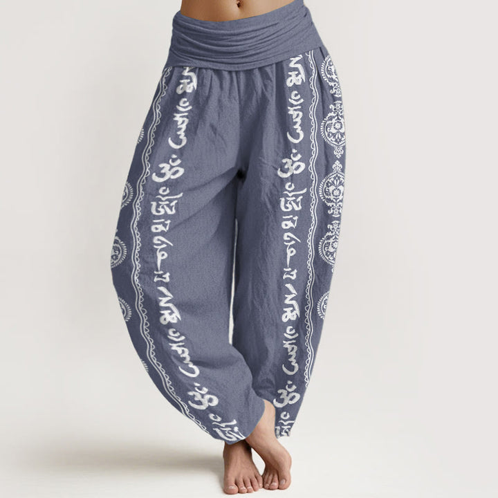 Pantalones harén de algodón puro con diseño de mandala Om Mani Padme Hum y Buddha Stones para mujer con cintura elástica