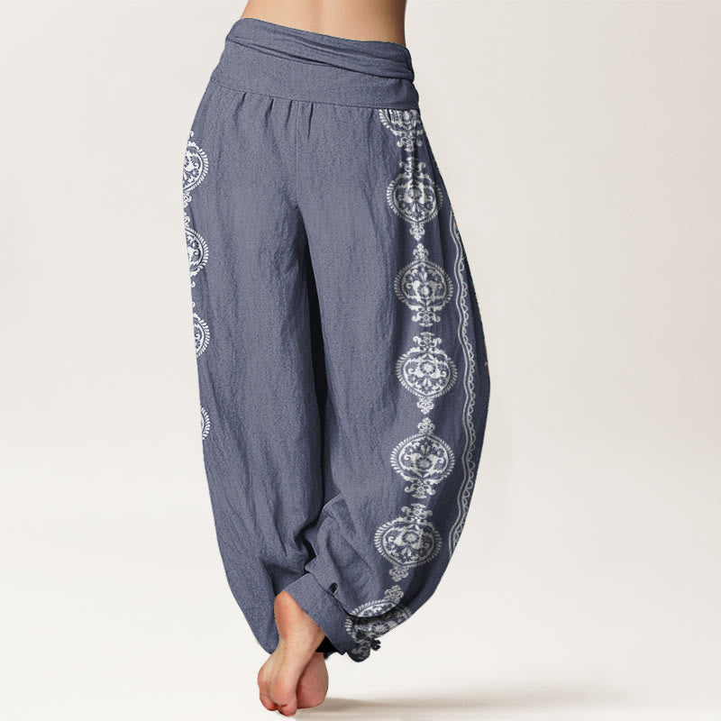 Pantalones harén de algodón puro con diseño de mandala Om Mani Padme Hum y Buddha Stones para mujer con cintura elástica