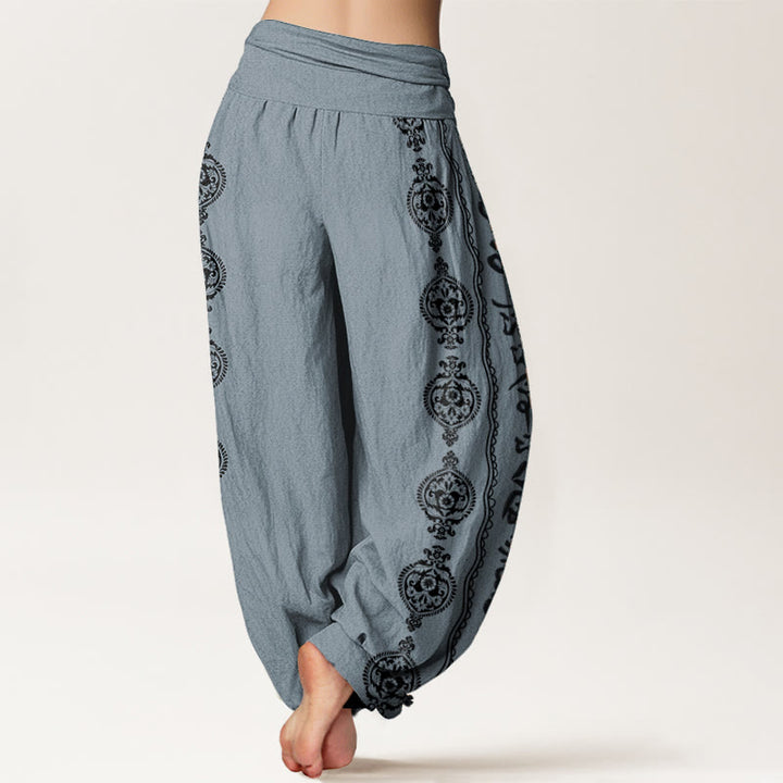 Pantalones harén de algodón puro con diseño de mandala Om Mani Padme Hum y Buddha Stones para mujer con cintura elástica