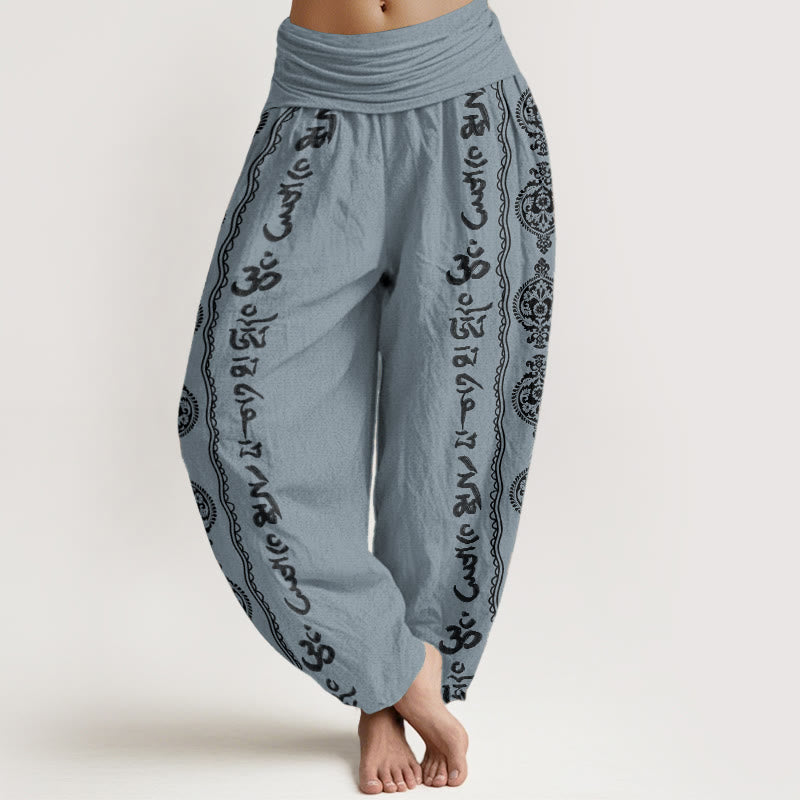 Pantalones harén de algodón puro con diseño de mandala Om Mani Padme Hum y Buddha Stones para mujer con cintura elástica
