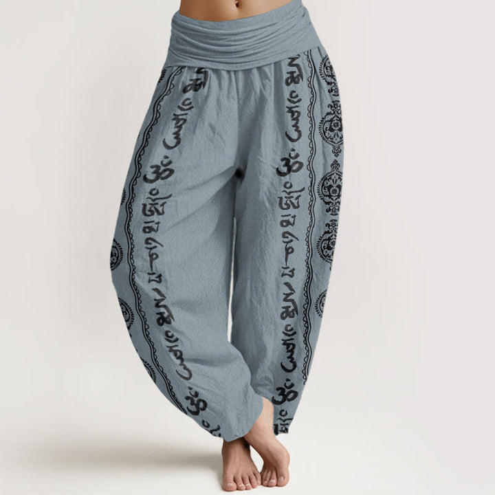 Pantalones harén de algodón puro con diseño de mandala Om Mani Padme Hum y Buddha Stones para mujer con cintura elástica