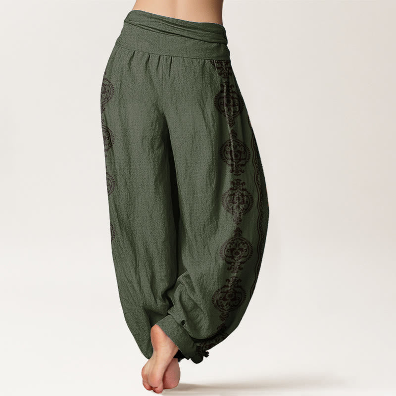 Pantalones harén de algodón puro con diseño de mandala Om Mani Padme Hum y Buddha Stones para mujer con cintura elástica