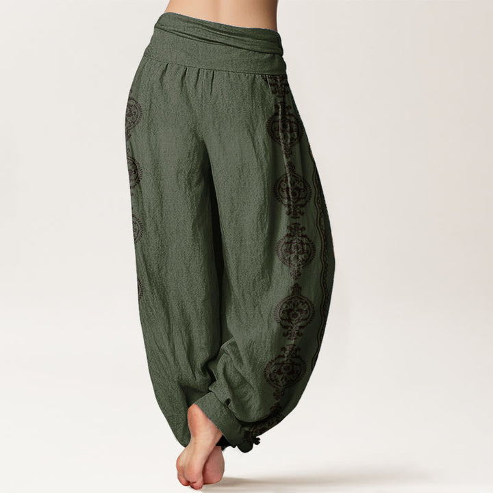 Pantalones harén de algodón puro con diseño de mandala Om Mani Padme Hum y Buddha Stones para mujer con cintura elástica