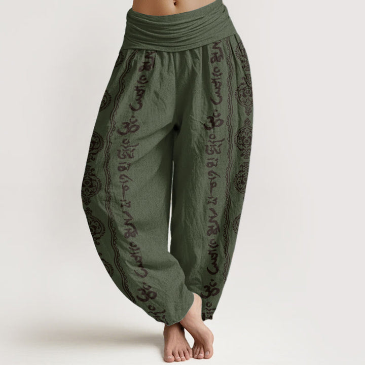 Pantalones harén de algodón puro con diseño de mandala Om Mani Padme Hum y Buddha Stones para mujer con cintura elástica