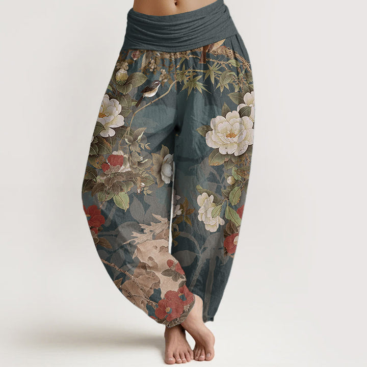 Pantalones Buddha Stones de algodón puro con estampado de flores de peonía y hojas de urraca para mujer, cintura elástica