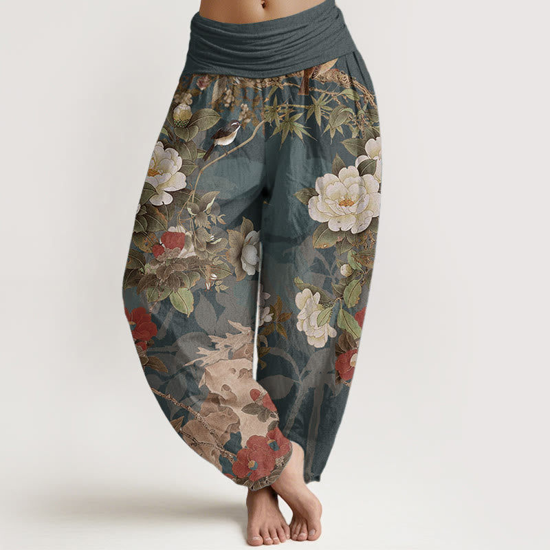 Pantalones Buddha Stones de algodón puro con estampado de flores de peonía y hojas de urraca para mujer, cintura elástica - Verde azulado - US22，UK/AU26，EU54 (6XL) - image 0
