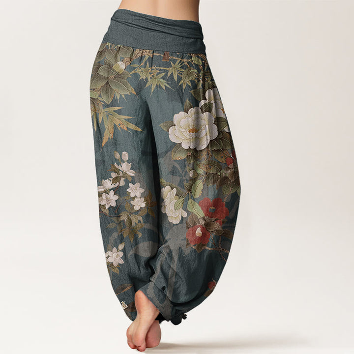 Pantalones Buddha Stones de algodón puro con estampado de flores de peonía y hojas de urraca para mujer, cintura elástica