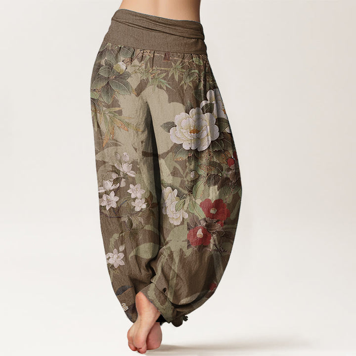 Pantalones Buddha Stones de algodón puro con estampado de flores de peonía y hojas de urraca para mujer, cintura elástica