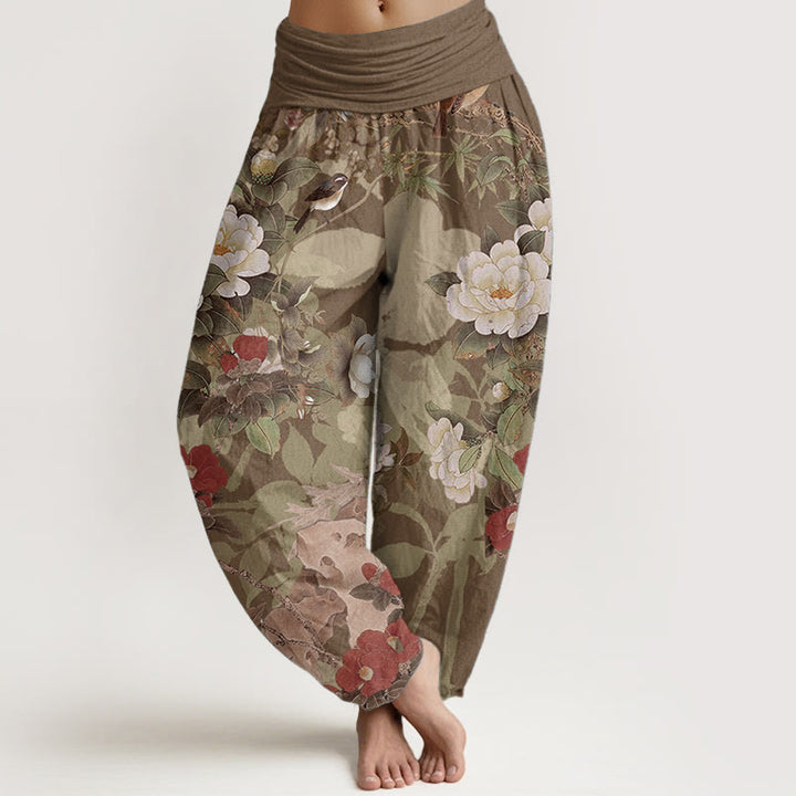 Pantalones Buddha Stones de algodón puro con estampado de flores de peonía y hojas de urraca para mujer, cintura elástica