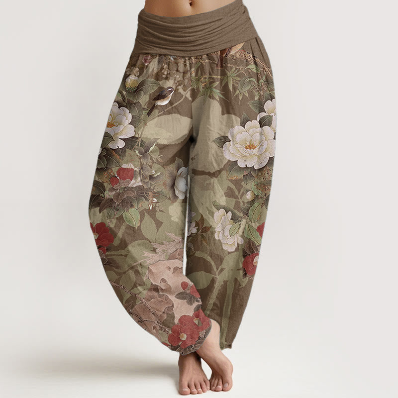 Pantalones Buddha Stones de algodón puro con estampado de flores de peonía y hojas de urraca para mujer, cintura elástica - Vara de oro oscuro - US22，UK/AU26，EU54 (6XL) - image 5