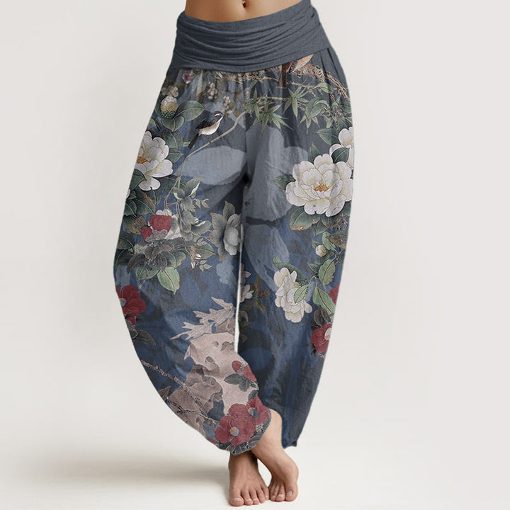 Pantalones Buddha Stones de algodón puro con estampado de flores de peonía y hojas de urraca para mujer, cintura elástica
