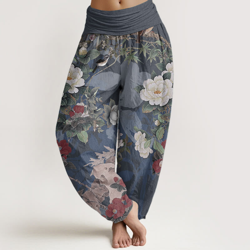 Pantalones Buddha Stones de algodón puro con estampado de flores de peonía y hojas de urraca para mujer, cintura elástica - Azul acero - US22，UK/AU26，EU54 (6XL) - image 8
