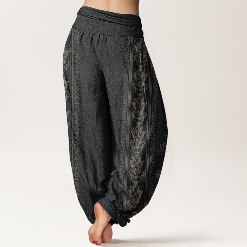 Pantalones Buddha Stones de algodón puro con diseño de flores de loto, doble dorje, vajra, Namaste y Om, con cintura elástica para mujer