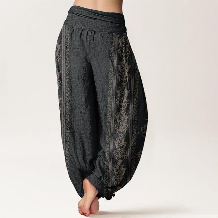 Pantalones Buddha Stones de algodón puro con diseño de flores de loto, doble dorje, vajra, Namaste y Om, con cintura elástica para mujer