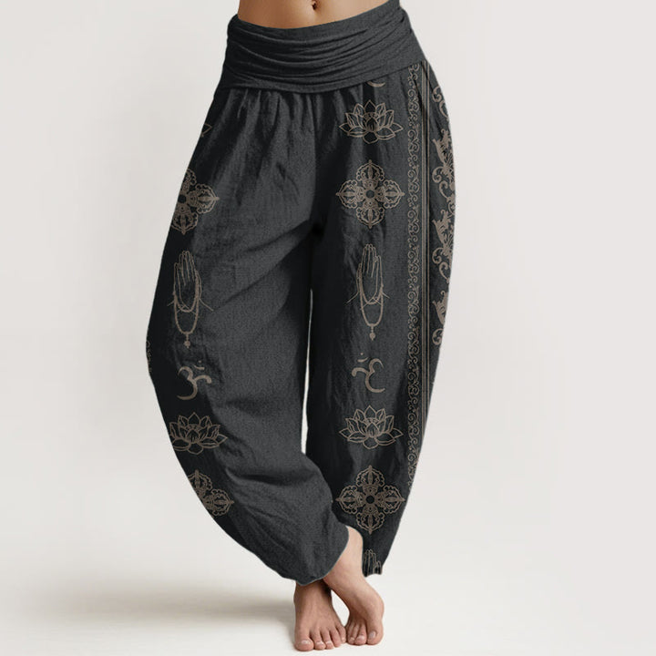 Pantalones Buddha Stones de algodón puro con diseño de flores de loto, doble dorje, vajra, Namaste y Om, con cintura elástica para mujer