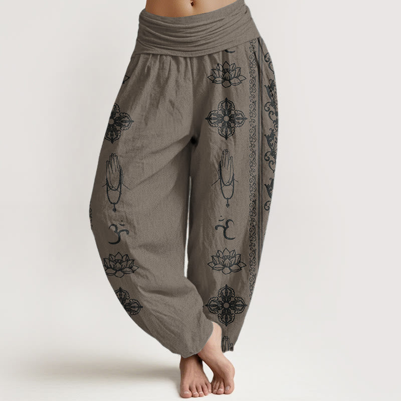 Pantalones Buddha Stones de algodón puro con diseño de flores de loto, doble dorje, vajra, Namaste y Om, con cintura elástica para mujer