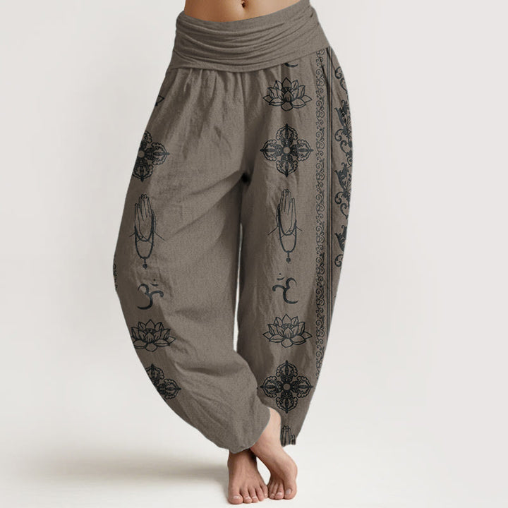 Pantalones Buddha Stones de algodón puro con diseño de flores de loto, doble dorje, vajra, Namaste y Om, con cintura elástica para mujer