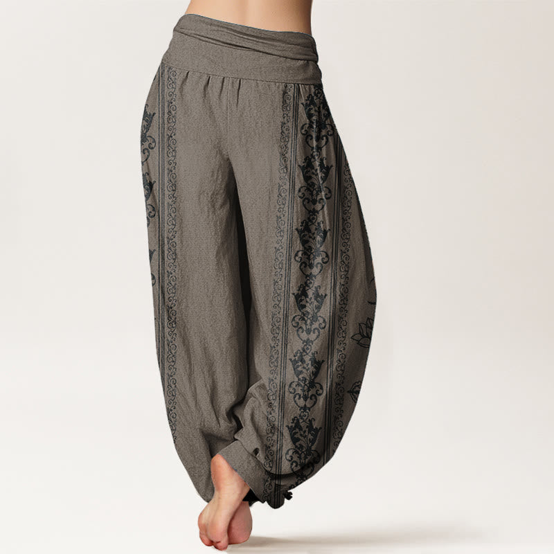 Pantalones Buddha Stones de algodón puro con diseño de flores de loto, doble dorje, vajra, Namaste y Om, con cintura elástica para mujer