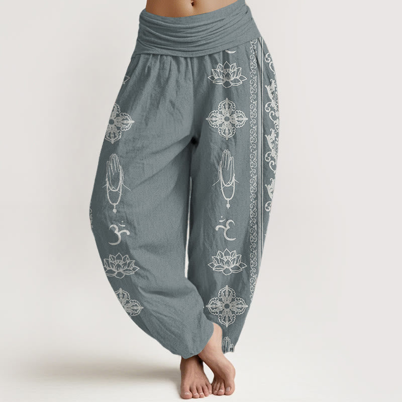 Pantalones Buddha Stones de algodón puro con diseño de flores de loto, doble dorje, vajra, Namaste y Om, con cintura elástica para mujer