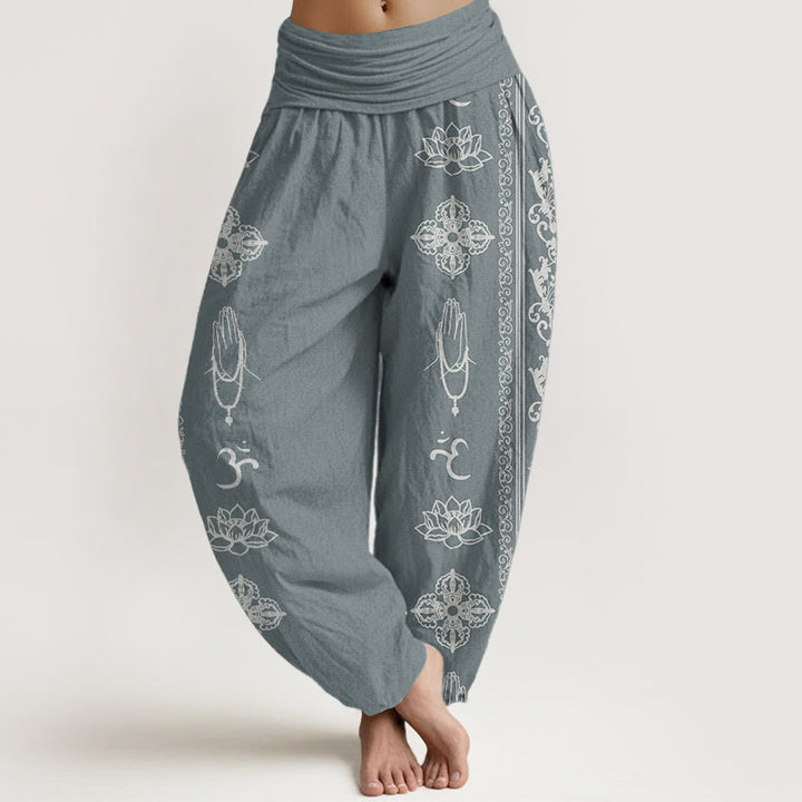Pantalones Buddha Stones de algodón puro con diseño de flores de loto, doble dorje, vajra, Namaste y Om, con cintura elástica para mujer