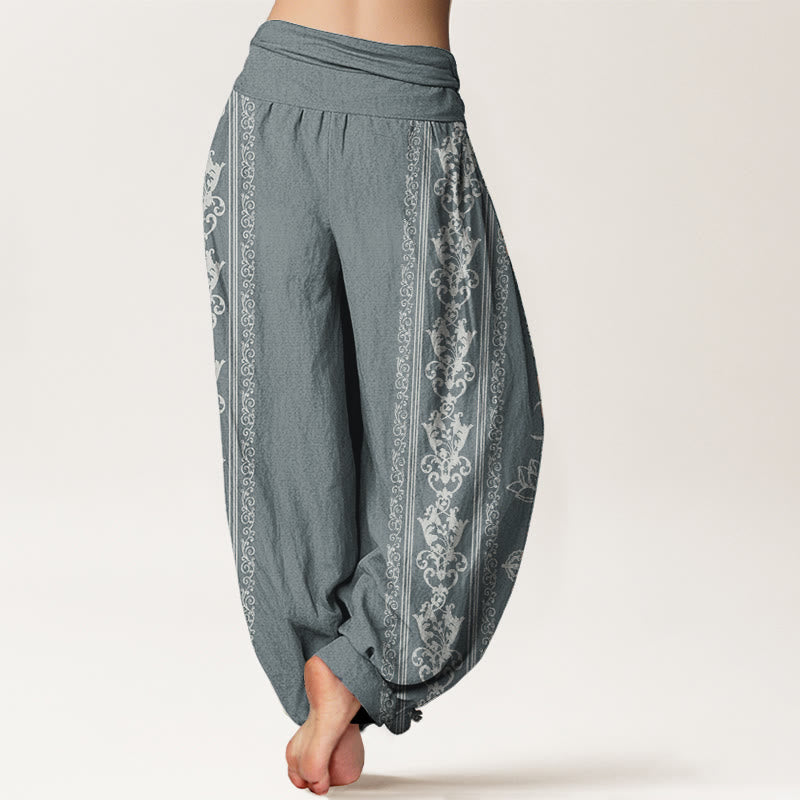 Pantalones Buddha Stones de algodón puro con diseño de flores de loto, doble dorje, vajra, Namaste y Om, con cintura elástica para mujer