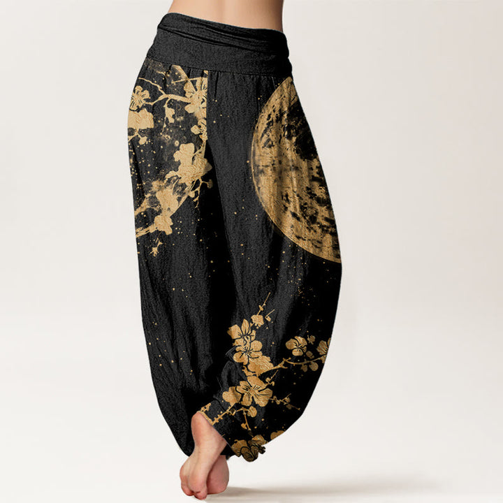 Pantalones Buddha Stones de algodón puro con estampado de flor de ciruelo dorado y luna llena para mujer, con cintura elástica
