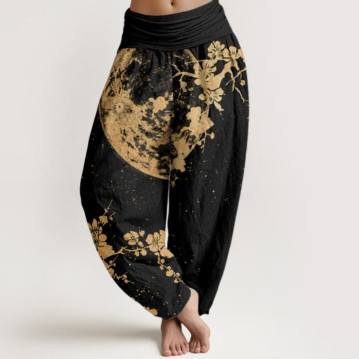 Pantalones Buddha Stones de algodón puro con estampado de flor de ciruelo dorado y luna llena para mujer, con cintura elástica