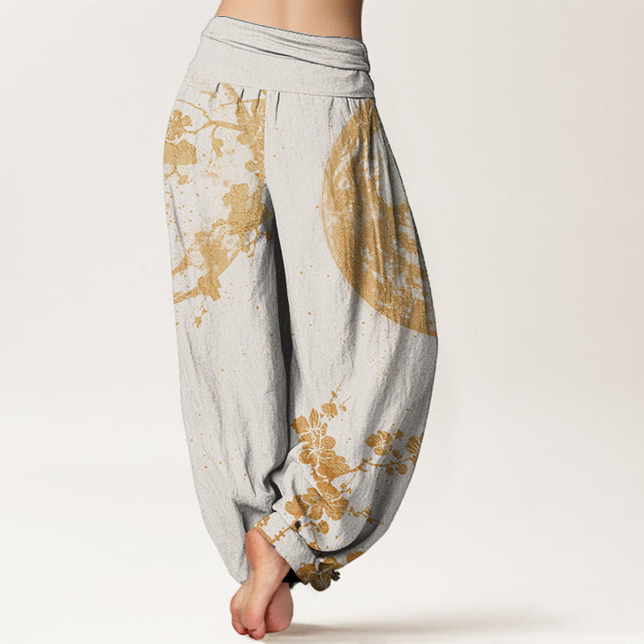 Pantalones Buddha Stones de algodón puro con estampado de flor de ciruelo dorado y luna llena para mujer, con cintura elástica
